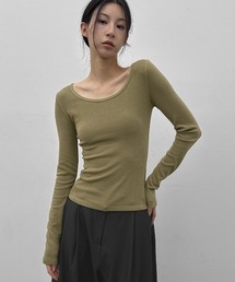 [MADE] リブラステッチ起毛ワイドUネック長袖Tシャツ