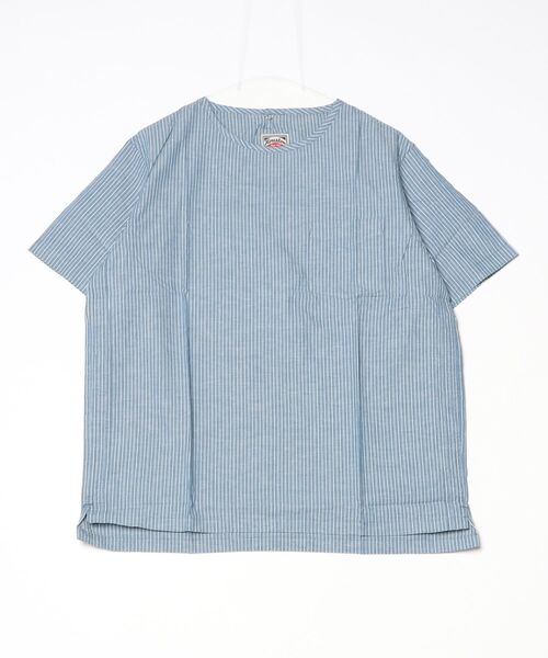 HOUSTON(ヒューストン)の「HOUSTON/ ストライプクルーネックシャツTEE(Tシャツ/カットソー・メンズ・ナチュラル/ブルー・MEDIUM/LARGE/X-LARGE)」の1枚目の写真
