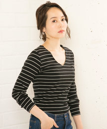 インナー透け防止！前身二重テレコリブUネックorVネック長袖Tシャツ＊トップス/カットソー/レディース[C3416]神戸レタス