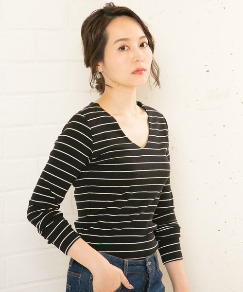 KOBE LETTUCE（コウベレタス）の「インナー透け防止！前身二重テレコリブUネックorVネック長袖Tシャツ＊トップス/カットソー/レディース[C3416]神戸レタス（Tシャツ/カットソー・レディース・ブラック/ネイビー/オフホワイト/カーキ/ブラック×ホワイト/ホワイト系その他/ブラック系その他/グリーン系その他/ブルー系その他/ブラック系その他2・FREE）」の6枚目の写真