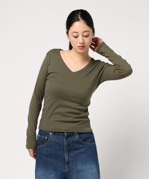 インナー透け防止！前身二重テレコリブUネックorVネック長袖Tシャツ＊トップス/カットソー/レディース[C3416]神戸レタス