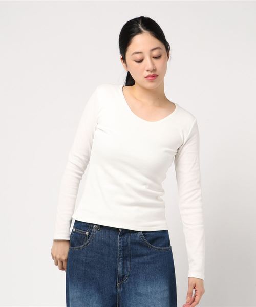 KOBE LETTUCE（コウベレタス）の「インナー透け防止！前身二重テレコリブUネックorVネック長袖Tシャツ＊トップス/カットソー/レディース[C3416]神戸レタス（Tシャツ/カットソー・レディース・ブラック/ネイビー/オフホワイト/カーキ/ブラック×ホワイト/ホワイト系その他/ブラック系その他/グリーン系その他/ブルー系その他/ブラック系その他2・FREE）」の2枚目の写真