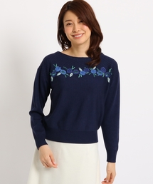 【洗える】マーガレットモールライン刺しゅうニット