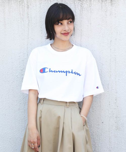 Champion(チャンピオン)の「【Champion/チャンピオン】ワンプリントミドル丈クルーネック半袖Tシャツ(Tシャツ/カットソー)」|ホワイト