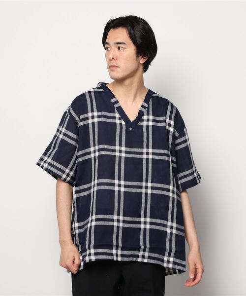 MANASTASH（マナスタッシュ）の「MANASTASH/マナスタッシュ　LINEN CHECK PULLOVER SS SHIRTS　リネンチェックプルオーバーショートスリーブシャツ（シャツ/ブラウス・メンズ・ネイビー/ベージュ・MEDIUM/LARGE）」の2枚目の写真