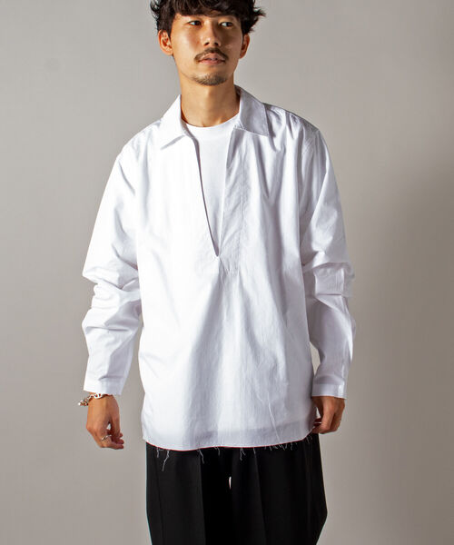 GLOSTER（グロスター）の「【GLOSTER/グロスター】オーガニックコットン スキッパーシャツ（シャツ/ブラウス・メンズ・ホワイト/ブラック/サックスブルー・MEDIUM/LARGE）」の2枚目の写真