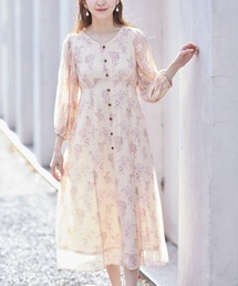 tocco closet | ウエストりぼん付きプリーツスリーブフラワープリントシフォンワンピース(ワンピース)