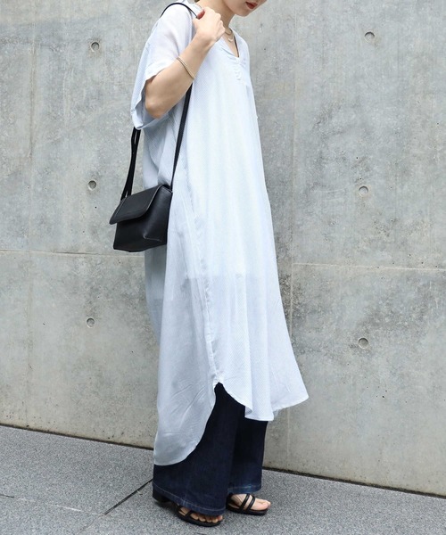 HONEYSUCKLE ROSE（ハニーサックルローズ）の「【HONEYSUCKLE ROSE】スキッパーシャツワンピース（シャツワンピース・レディース・ホワイト/ブルー・M/L）」の7枚目の写真
