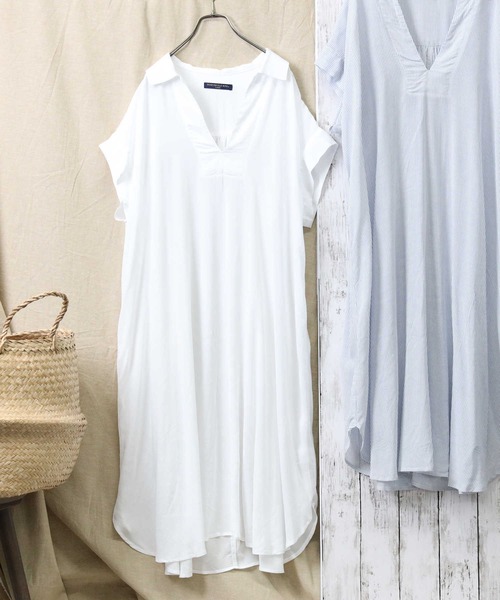HONEYSUCKLE ROSE（ハニーサックルローズ）の「【HONEYSUCKLE ROSE】スキッパーシャツワンピース（シャツワンピース・レディース・ホワイト/ブルー・M/L）」の18枚目の写真