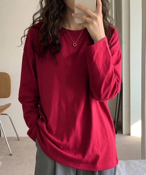 antiqua(アンティカ)の「綿100 無地 長袖 ロンT(Tシャツ/カットソー・レディース・アッシュグレー/ブラック/ダークグリーン/ネイビー/オフホワイト/オレンジ/モスグリーン/アーミー/杢グレー/ブルー系その他/スモークピンク/カーキ/ピンク系その他/ブルー/オートミール/レッド・M/L/XL)」の15枚目の写真