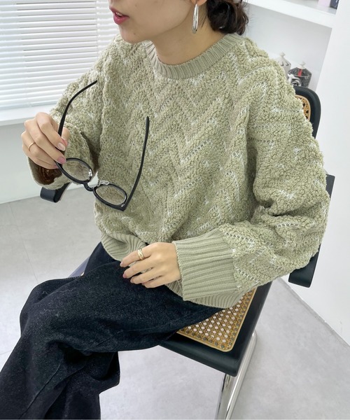 feepur(フェピュール)の「【ハンドウォッシャブル】ヘリンボーンループジャガードニット(ニット/セーター・レディース・オレンジ/ブラック/オフホワイト・MEDIUM)」の1枚目の写真