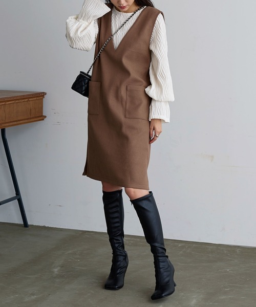 KOBE LETTUCE（コウベレタス）の「フェイクウールサロペット（サロペット/オーバーオール・レディース・ベージュ系/ブラック系/モカ/ブラック/グレイッシュベージュ/ブラウン系・2/1）」の4枚目の写真