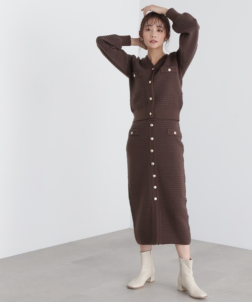 N.（N. Natural Beauty Basic）（エヌエヌナチュラルビューティーベーシック）の「◆ゴールドボタンツイードニットカーデセットアップ（ワンピース・レディース・モカ/ブルー・MEDIUM）」の3枚目の写真