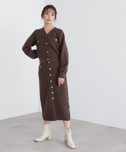 N.（N. Natural Beauty Basic）（エヌエヌナチュラルビューティーベーシック）の「◆ゴールドボタンツイードニットカーデセットアップ（ワンピース・レディース・モカ/ブルー・MEDIUM）」の5枚目の写真
