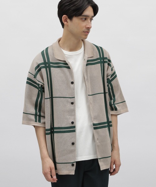 LAKOLE（ラコレ）の「チェックガラニット半袖シャツ / 704945（ニット/セーター・メンズ・ベージュ/チャコールグレー/ブルー・MEDIUM/LARGE）」の3枚目の写真