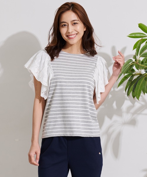 Arnold Palmer(アーノルドパーマー)の「袖レース フレンチスリーブ ボーダー Tシャツ(Tシャツ/カットソー・レディース・グレー系/ネイビー系/ベージュ系・L/S/M)」の2枚目の写真