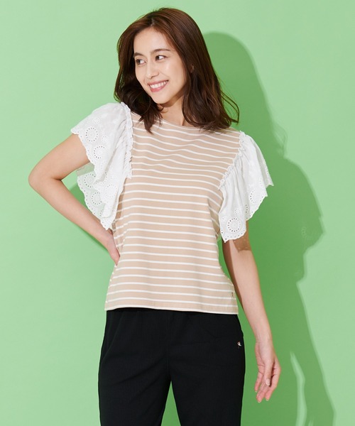 Arnold Palmer(アーノルドパーマー)の「袖レース フレンチスリーブ ボーダー Tシャツ(Tシャツ/カットソー・レディース・グレー系/ネイビー系/ベージュ系・L/S/M)」の3枚目の写真