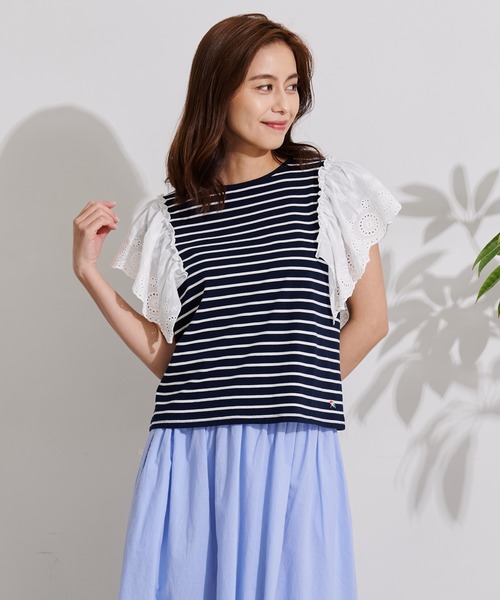 Arnold Palmer(アーノルドパーマー)の「袖レース フレンチスリーブ ボーダー Tシャツ(Tシャツ/カットソー・レディース・グレー系/ネイビー系/ベージュ系・L/S/M)」の1枚目の写真