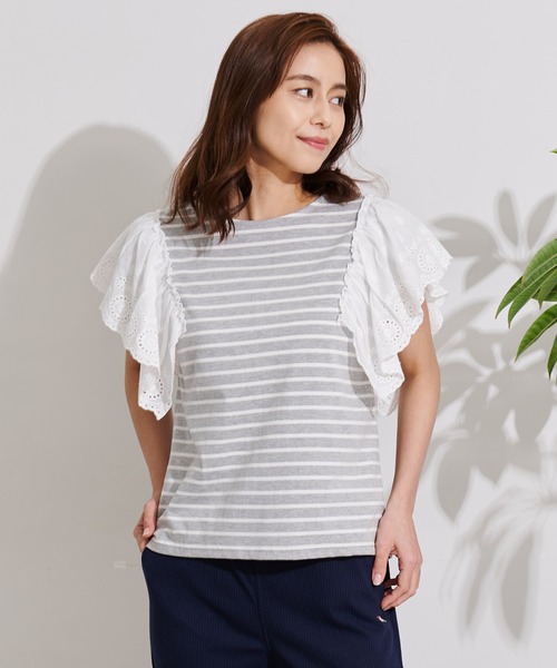Arnold Palmer(アーノルドパーマー)の「袖レース フレンチスリーブ ボーダー Tシャツ(Tシャツ/カットソー・レディース・グレー系/ネイビー系/ベージュ系・L/S/M)」の10枚目の写真