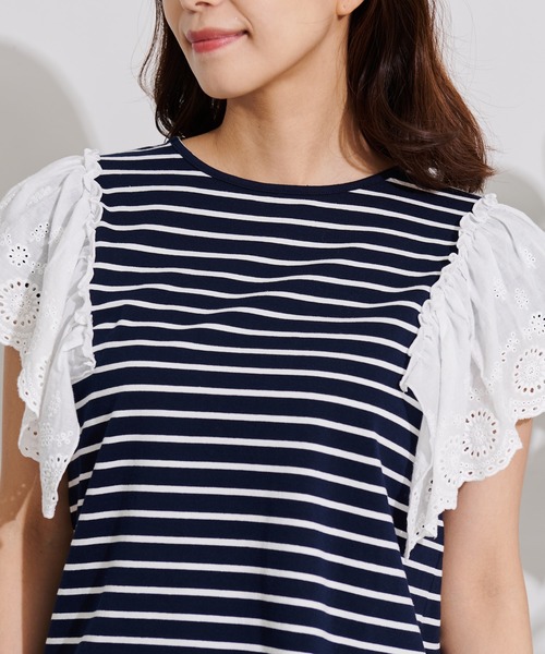 Arnold Palmer(アーノルドパーマー)の「袖レース フレンチスリーブ ボーダー Tシャツ(Tシャツ/カットソー・レディース・グレー系/ネイビー系/ベージュ系・L/S/M)」の4枚目の写真