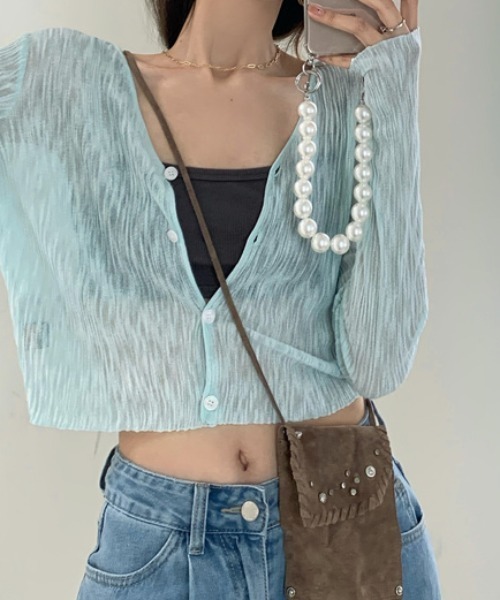 Achic（アシック）の「薄手Vネックニットカーディガン ショート丈 UVカット アイスシルク長袖（カーディガン/ボレロ・レディース・ホワイト/ブラック/ライトブルー/ピンク系その他・M）」の17枚目の写真