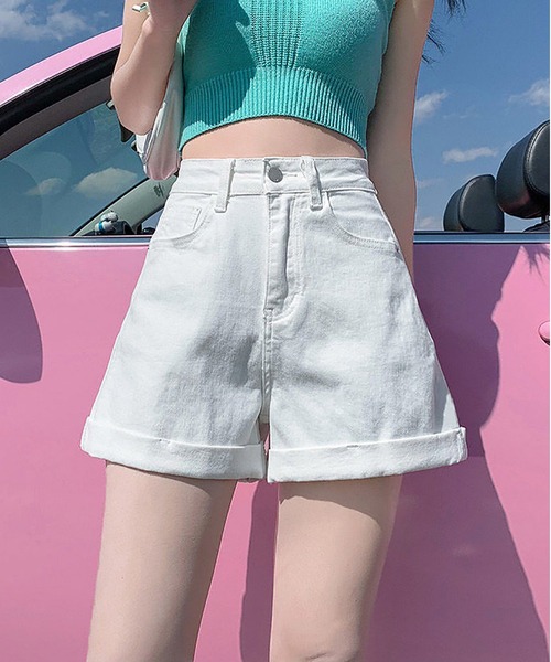 MAISON DE THERESE（メゾン ド テレーズ）の「ハイウエストAラインミニジーパン（デニムパンツ・レディース・ホワイト/ブルー/ブラック/ライトブルー/ブラック系/ダークグレー・L/M/S/XL）」の2枚目の写真