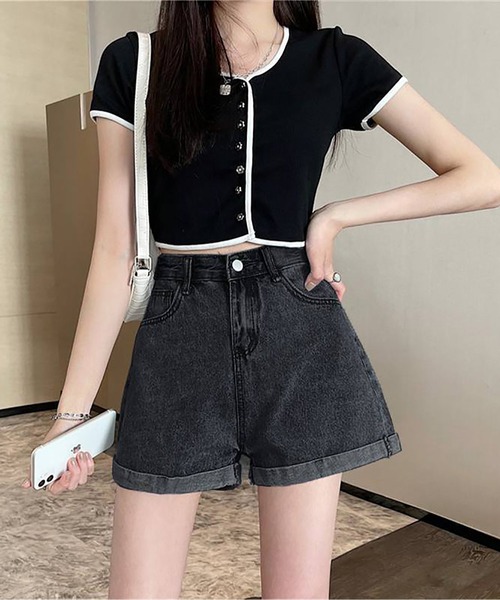 MAISON DE THERESE（メゾン ド テレーズ）の「ハイウエストAラインミニジーパン（デニムパンツ・レディース・ホワイト/ブルー/ブラック/ライトブルー/ブラック系/ダークグレー・L/M/S/XL）」の10枚目の写真