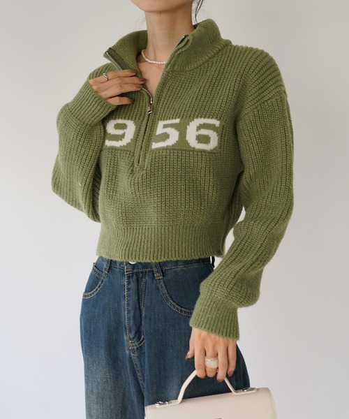 Mela（メラ）の「NUMBERING HALF ZIP KNIT（ニット/セーター・レディース・ホワイト/グリーン/グレー/ネイビー/ブラック/ブラウン・FREE）」の5枚目の写真