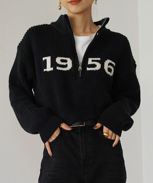 Mela（メラ）の「NUMBERING HALF ZIP KNIT（ニット/セーター・レディース・ホワイト/グリーン/グレー/ネイビー/ブラック/ブラウン・FREE）」の2枚目の写真