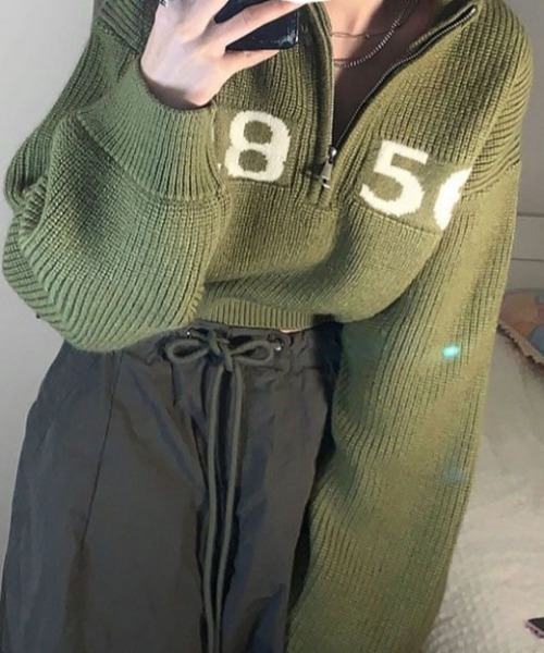 Mela（メラ）の「NUMBERING HALF ZIP KNIT（ニット/セーター・レディース・ホワイト/グリーン/グレー/ネイビー/ブラック/ブラウン・FREE）」の8枚目の写真