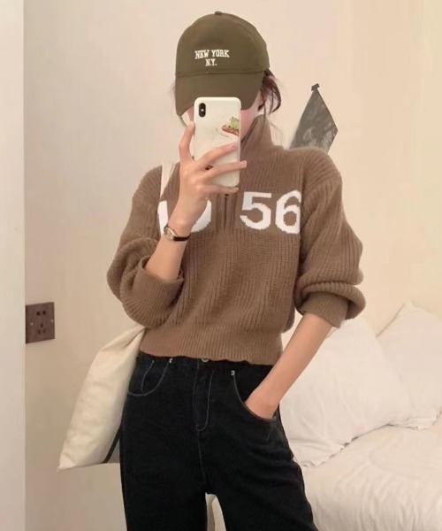 Mela（メラ）の「NUMBERING HALF ZIP KNIT（ニット/セーター・レディース・ホワイト/グリーン/グレー/ネイビー/ブラック/ブラウン・FREE）」の9枚目の写真