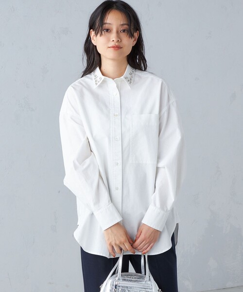 【セール】〈手洗い可能〉綿 オックス ビジュー付 オーバー シャツ ◇（シャツ/ブラウス）｜SHIPS（シップス）