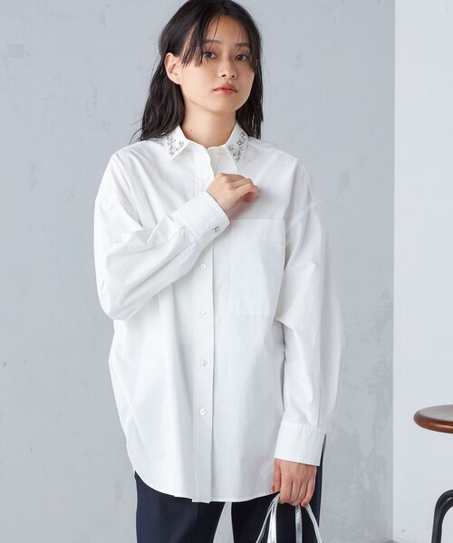 【セール】〈手洗い可能〉綿 オックス ビジュー付 オーバー シャツ ◇（シャツ/ブラウス）｜SHIPS（シップス）