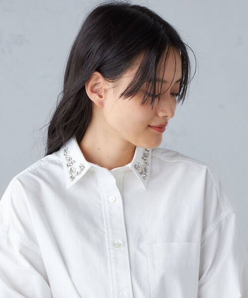 【セール】〈手洗い可能〉綿 オックス ビジュー付 オーバー シャツ ◇（シャツ/ブラウス）｜SHIPS（シップス）