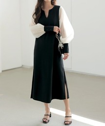 キーネックシフォンスリーブワンピース