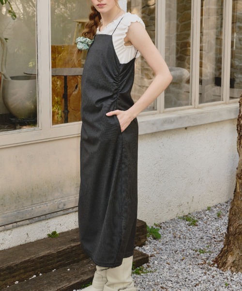 ストライプ柄リップスティックプリントワンピース stripe shirring dress / ストライプシャーリングドレス