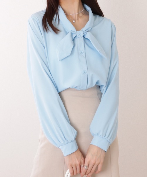 Lace Ladies(レースレディース)の「ボウタイ付き とろみ ベーシック 長袖 ブラウス(シャツ/ブラウス・レディース・ホワイト/ブルー・XL/L/M/S)」の2枚目の写真