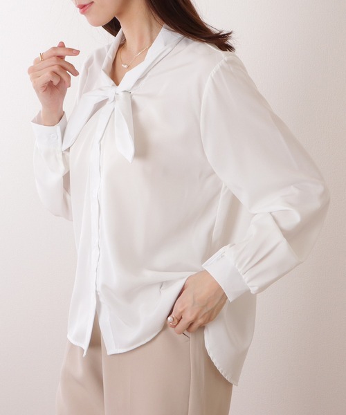 Lace Ladies(レースレディース)の「ボウタイ付き とろみ ベーシック 長袖 ブラウス(シャツ/ブラウス・レディース・ホワイト/ブルー・XL/L/M/S)」の9枚目の写真
