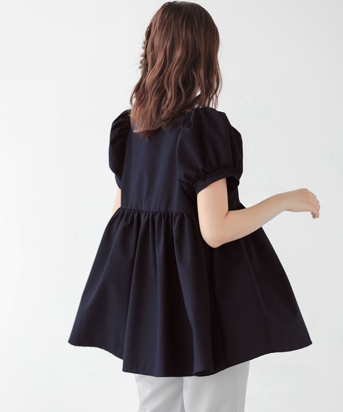 美品　fitmore スカラップペプラムブラウス ネイビー フィットモア Fit more ブラウス シャツ スカラップペプラムブラウス
