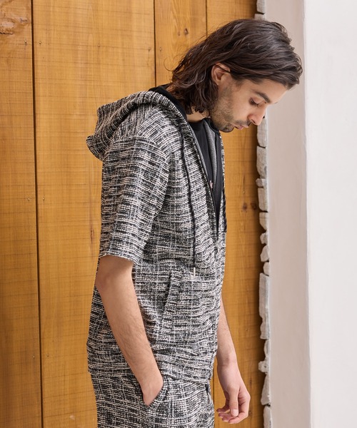 RATTLE TRAP（ラトルトラップ）の「スラブジャガード半袖ジップパーカー（パーカー・メンズ・ホワイト/ブラック・LL/L/M）」の9枚目の写真