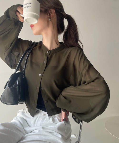 Ada.(エイダ)の「ショート丈 ボリュームスリーブ シアーシャツ(シャツ/ブラウス・レディース・ブルー/グレー/ホワイト/ブラック/カーキ・FREE)」の5枚目の写真