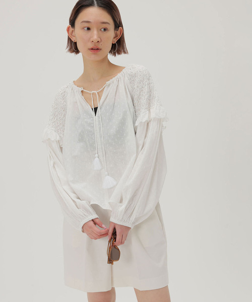 SLOBE citron.(スローブシトロン)の「SLOBE citron. スモッキングコットンブラウス(シャツ/ブラウス・レディース・A/ホワイト/ピンク・FREE)」の9枚目の写真