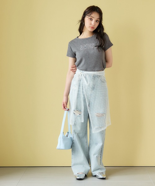 coca(coca)(コカ)の「クロップド丈ロゴリブTシャツ(Tシャツ/カットソー・レディース・チャコール/ネイビー・S/L/M)」の3枚目の写真