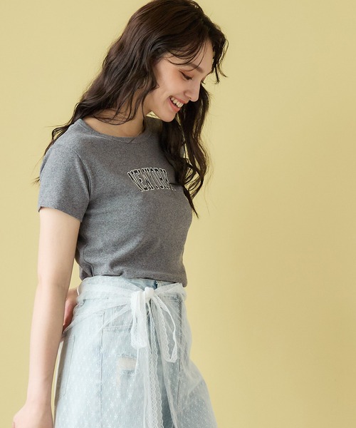 coca(coca)(コカ)の「クロップド丈ロゴリブTシャツ(Tシャツ/カットソー・レディース・チャコール/ネイビー・S/L/M)」の5枚目の写真