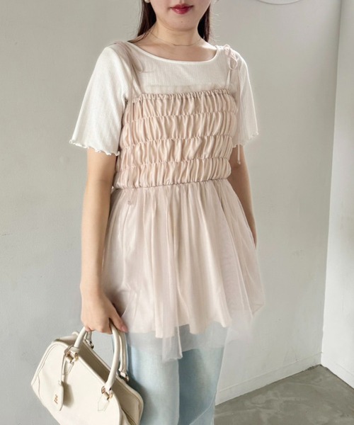 one after another NICE CLAUP(ワンアフターアナザーナイスクラップ)の「チュールビスチェ(キャミソール・レディース・ピンク/チャコールグレー/アイボリー・FREE)」の3枚目の写真