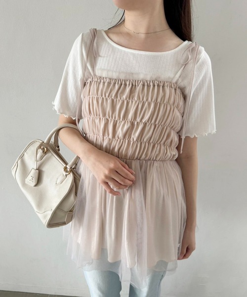 one after another NICE CLAUP(ワンアフターアナザーナイスクラップ)の「チュールビスチェ(キャミソール・レディース・ピンク/チャコールグレー/アイボリー・FREE)」の4枚目の写真