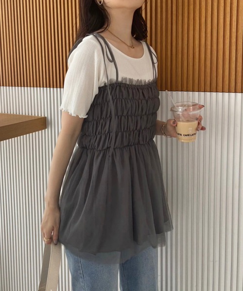 one after another NICE CLAUP(ワンアフターアナザーナイスクラップ)の「チュールビスチェ(キャミソール・レディース・ピンク/チャコールグレー/アイボリー・FREE)」の21枚目の写真