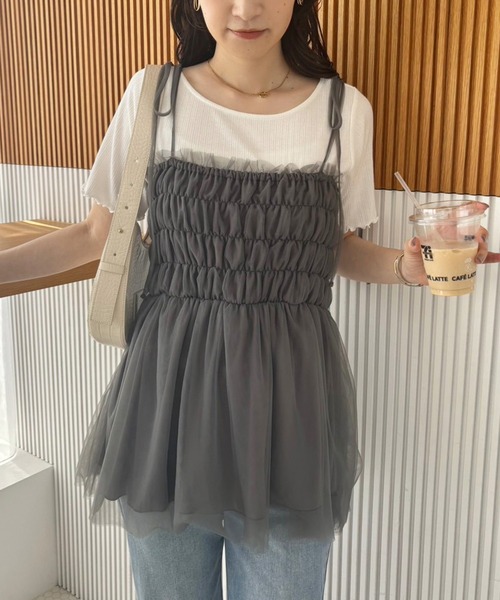 one after another NICE CLAUP(ワンアフターアナザーナイスクラップ)の「チュールビスチェ(キャミソール・レディース・ピンク/チャコールグレー/アイボリー・FREE)」の15枚目の写真