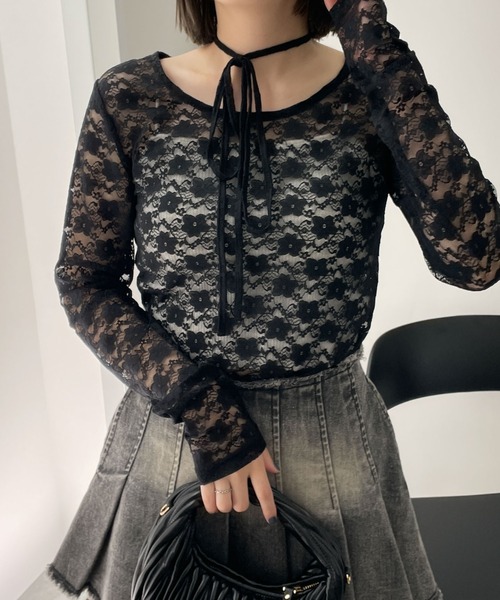 セール】WEGO/チョーカーリボン付きレースロンT（Tシャツ