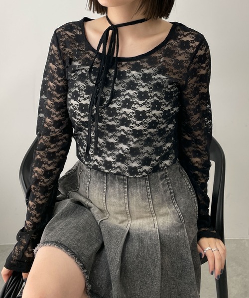 WEGO(ウィゴー)の「WEGO/チョーカーリボン付きレースロンT(Tシャツ/カットソー・レディース・ブラック/ホワイト・FREE)」の11枚目の写真